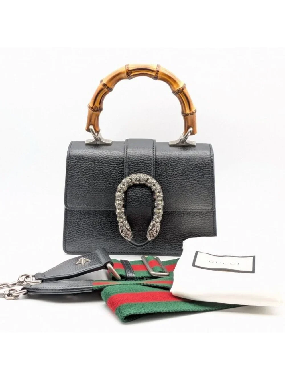 Gucci Bamboo Dionysus Leather Rhinestone 2-Way Shoulder Bag Black